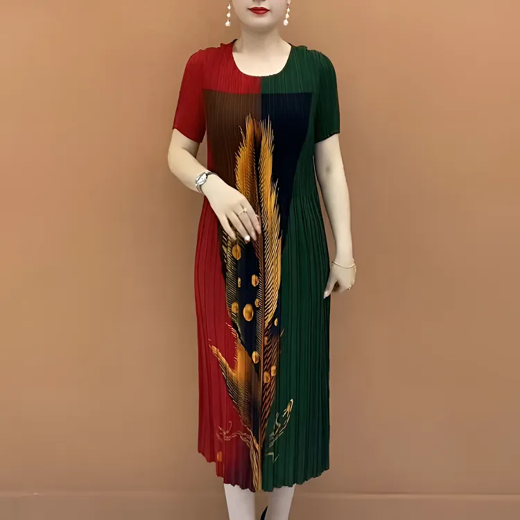 夏季新款高弹加肥加大褶皱连衣裙时尚圆领印花中长款气质女士裙子