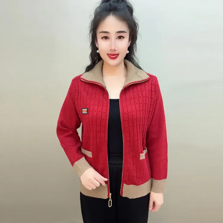 秋冬新款衫针织开衫外套女洋气年轻妈妈装拼色百搭短款上衣潮