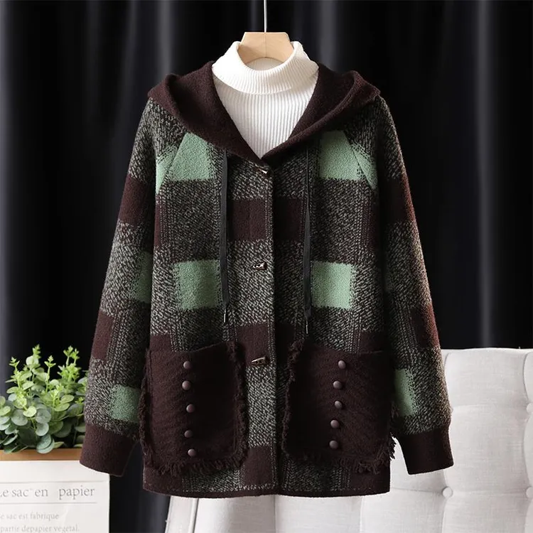 2024新款妈妈装秋冬连帽休闲外套中老年女装大码针织开衫夹克上衣