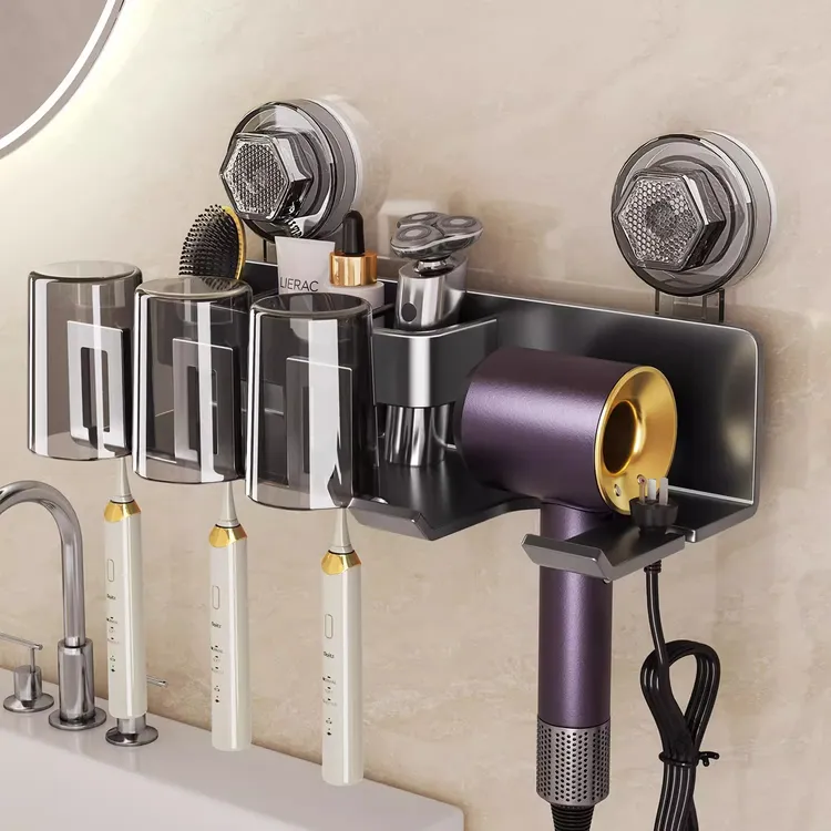 家用牙刷置物架太空铝吹风机支架壁挂免打孔牙刷漱口杯收纳架一体