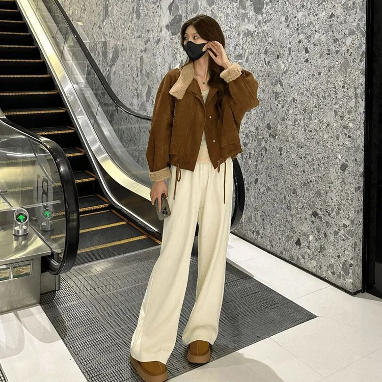 设计小众宽松美拉德穿搭复古加厚短款仿羊羔绒外套小个子秋冬新品