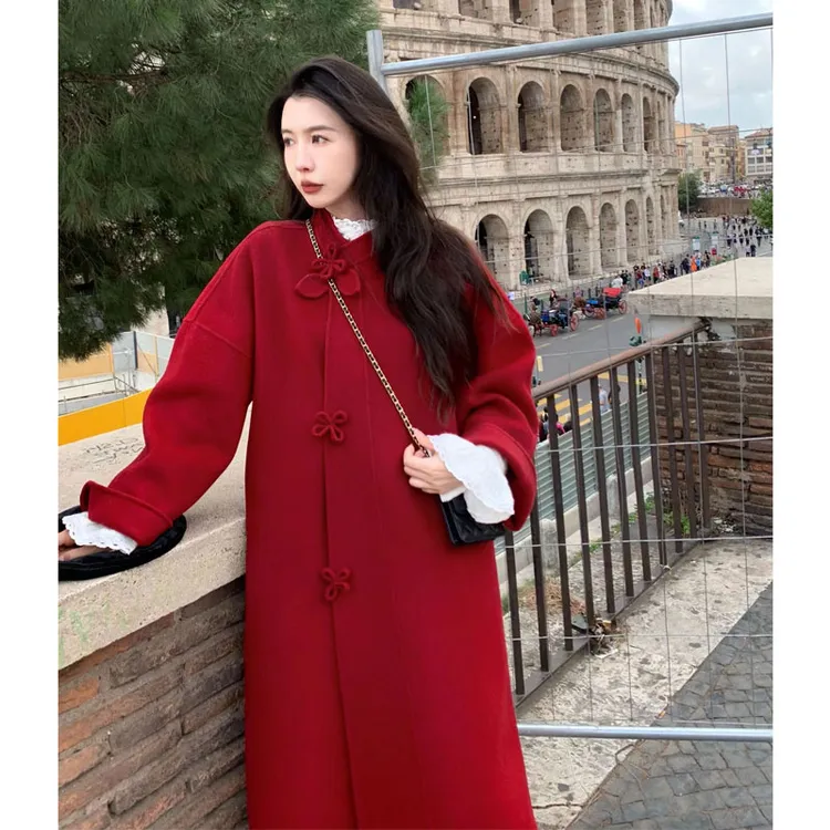 秋冬新款爆款气质呢子毛呢外套女大衣女款小个子长款红色外套衣服