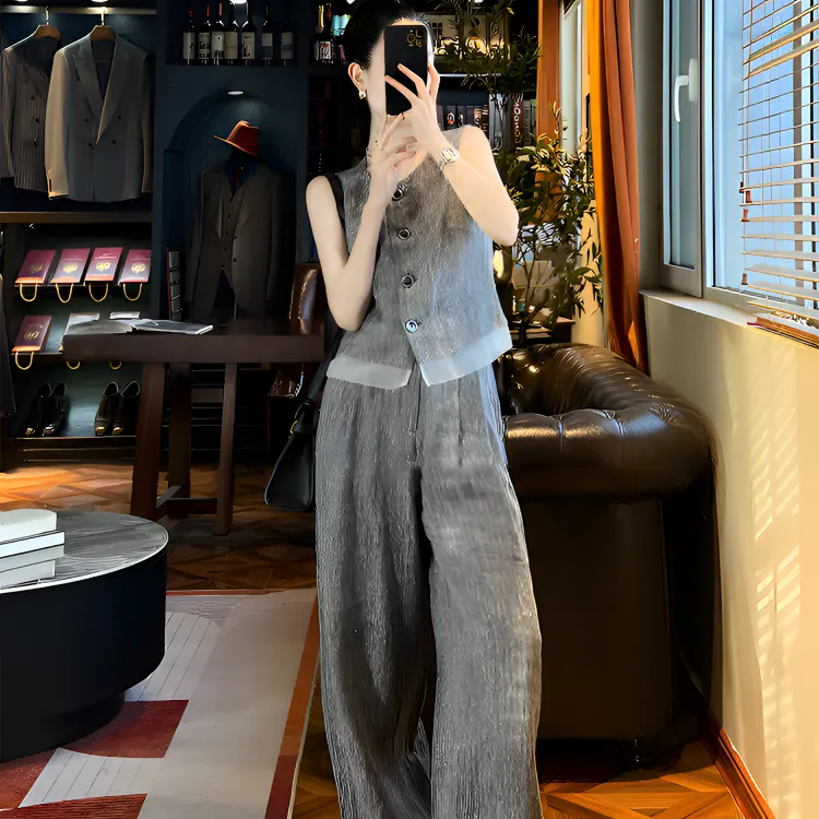 2025早春洋气气质小香风亚麻马甲阔腿裤两件套老钱风松弛感女装