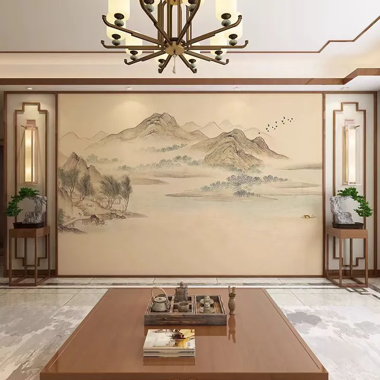 新中式手绘山水轻奢壁布电视背景墙古风别墅装修壁纸客厅沙发墙布