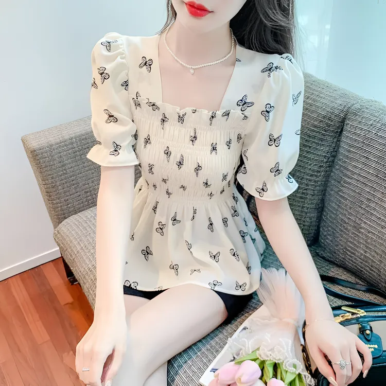 （不漏背）泡泡袖印花洋气小衫甜美显瘦收腰减龄上衣女