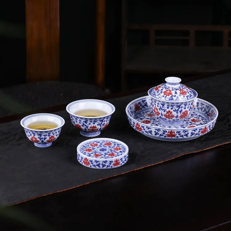 高白泥鸭蛋青景德镇七丞堂青花【釉里红】缠枝莲陶瓷高档套装茶具