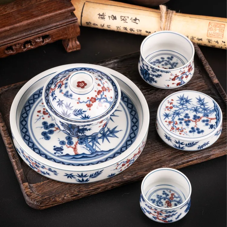 秉承传统工艺景德镇炎匠怀古枢府釉岁寒三友陶瓷茶具套装【简装】