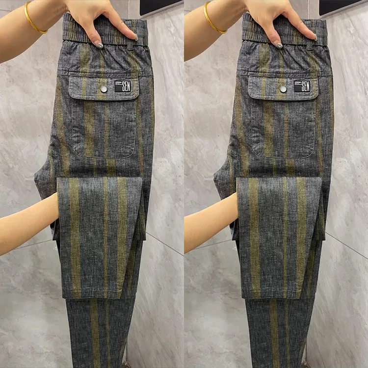 2024秋季条纹休闲长裤男款时尚百搭直筒裤潮流弹力宽松小脚哈伦裤