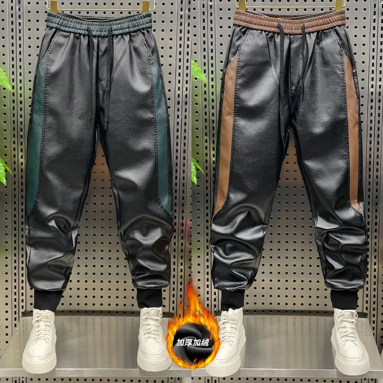 皮裤男秋冬新款外卖骑行百搭束脚长裤潮流时尚宽松拼接防风休闲裤
