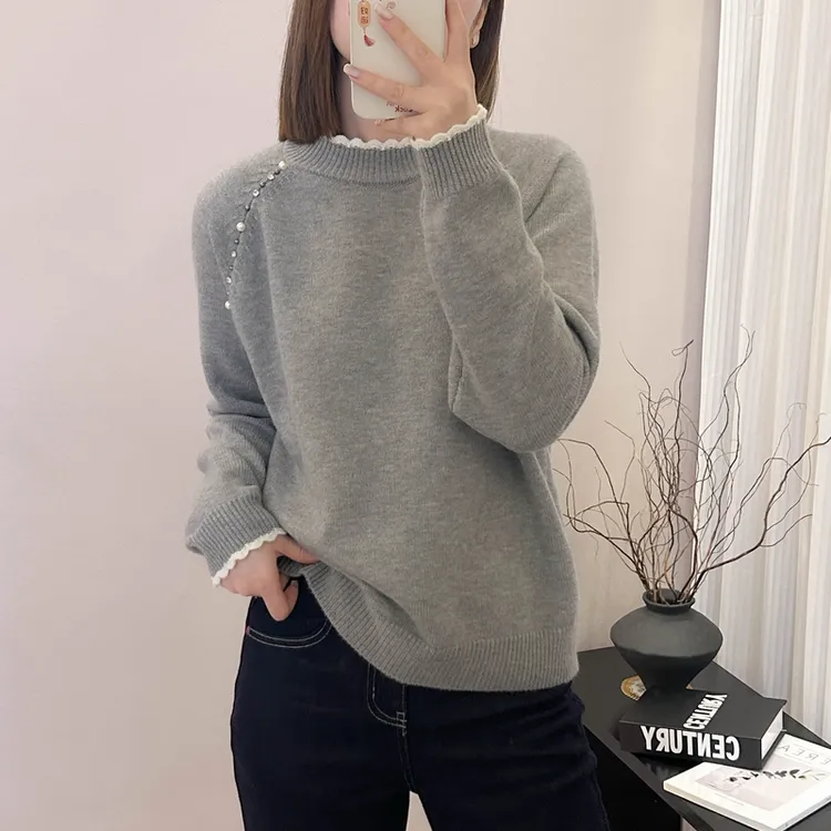 插肩袖钉珠花边半高领针织打底衫秋冬季新款上衣宽松韩版毛衣内搭