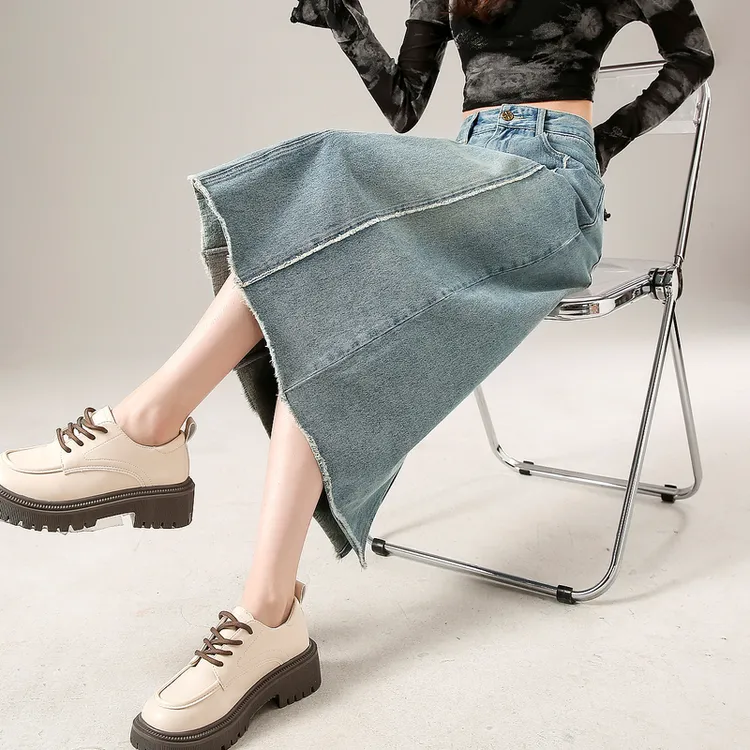 dme【摩登姿态】新款简约中腰毛边女裙子直筒棉质半身裙女中长款