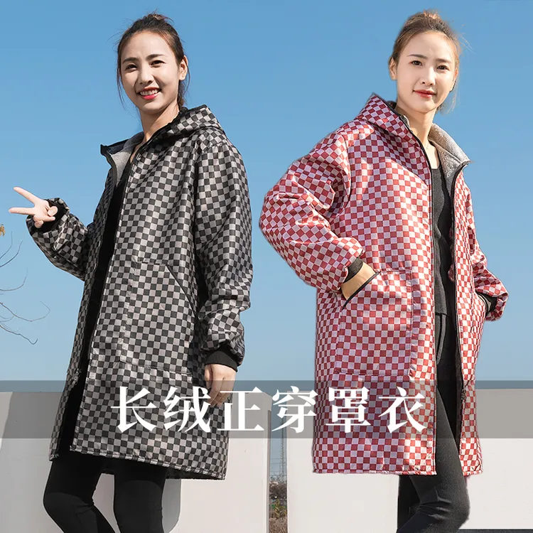 家用厨房加绒加厚罩衣女秋冬外穿长袖围裙防水防油时尚上班工作服