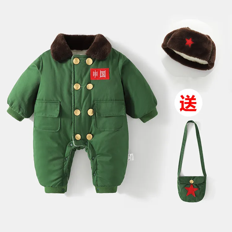 婴儿衣服冬装加绒保暖军装满月宝宝小红军连体棉衣周岁军大衣爬服