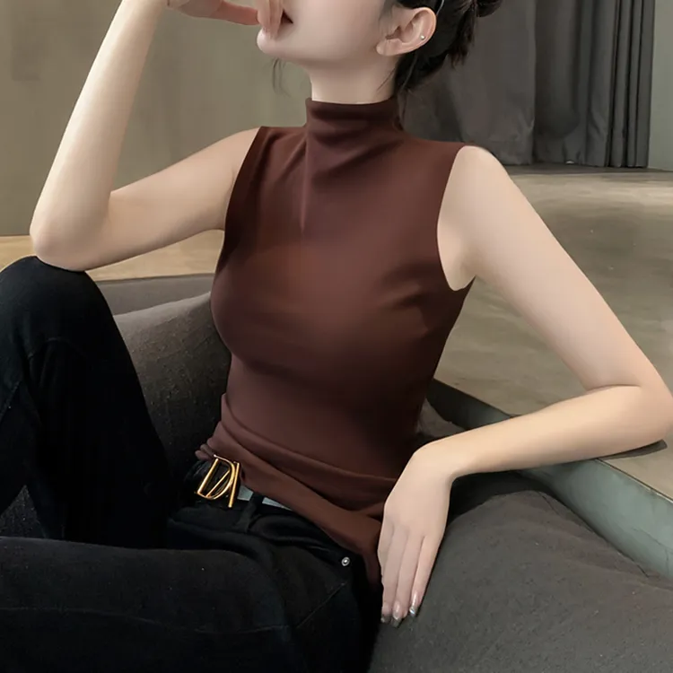 莫代尔半高领背心女夏季新款内搭无袖上衣设计感小众黑色打底衫