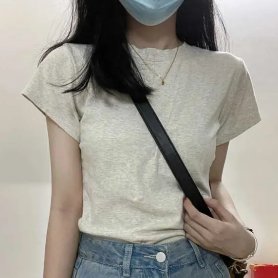 纯棉百搭正肩小衫T恤女修身显瘦短袖夏圆领小个子洋气氛围感上衣