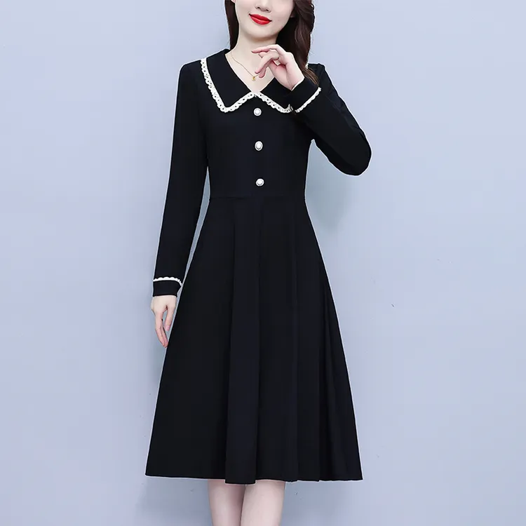 娃娃领黑色长袖连衣裙女2024春秋新款阔太太气质时尚洋气减龄裙子