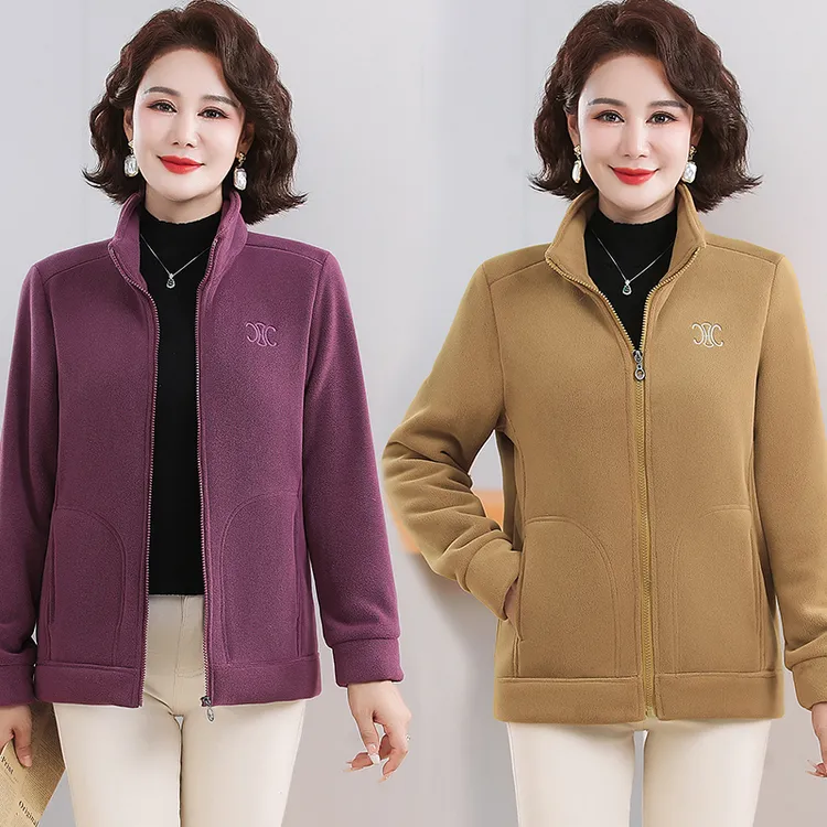 2024加绒加厚保暖外套中老年女士一体绒拉链衫颗粒绒袄子