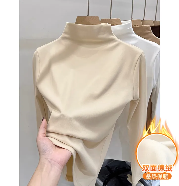 高领双面德绒打底衫女秋冬加绒加厚内搭保暖上衣长袖t恤女显瘦潮