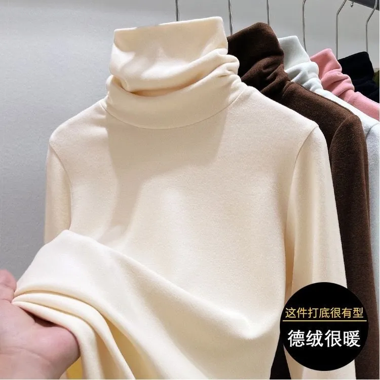 高端双面德绒高领打底衫女秋冬新款柔软亲肤弹力一体绒磨毛上衣女