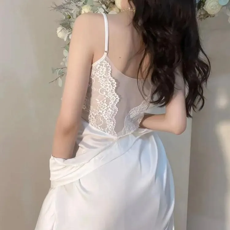 美背纯色蕾丝冰丝吊带睡裙夏季新款性感居家网纱家居服薄款睡衣