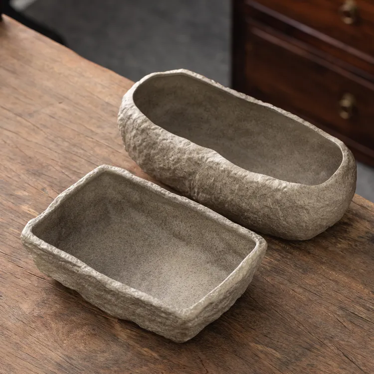 仿石头水培器皿长方形陶瓷花盆家用养铜钱草碗莲睡莲盆缸盆栽盆子