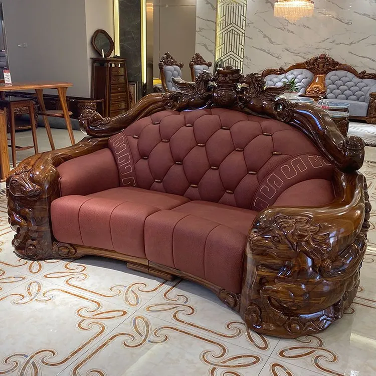 家用高端简约风真皮沙发轻奢雕刻别墅客厅实木组合十二家用简约风