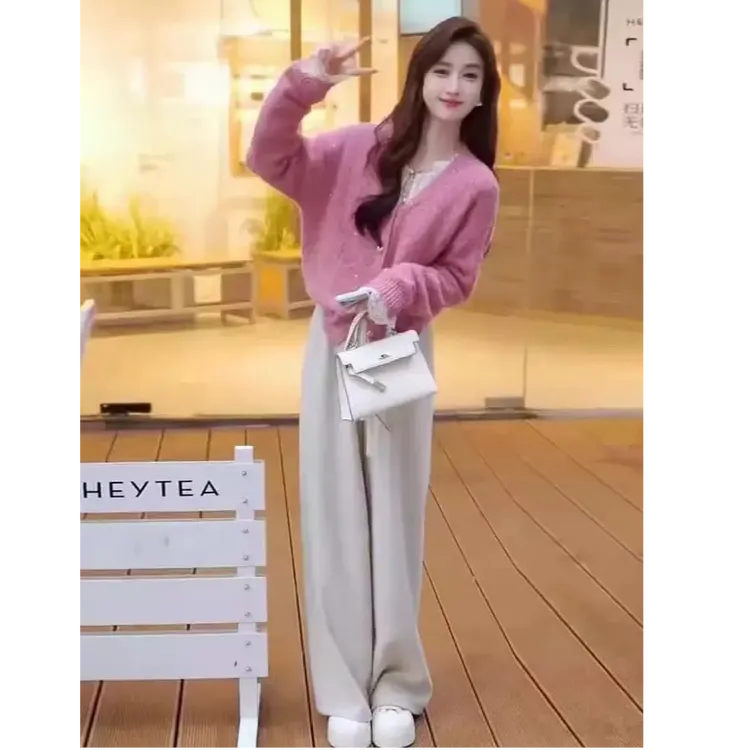 一整套初冬穿搭时尚减龄高级感小香风针织上衣两件套装裤子女春秋
