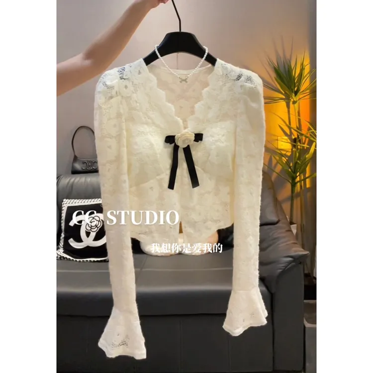 十三行性感气质镂空蕾丝打底衫女2024秋季纯欲设计感修身显瘦上衣