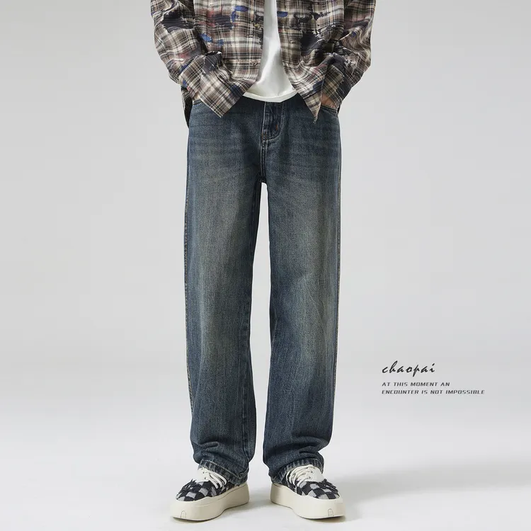 牛仔裤男士男款新款潮牌高端直筒阔腿裤蓝色高街复古洗水做旧长裤