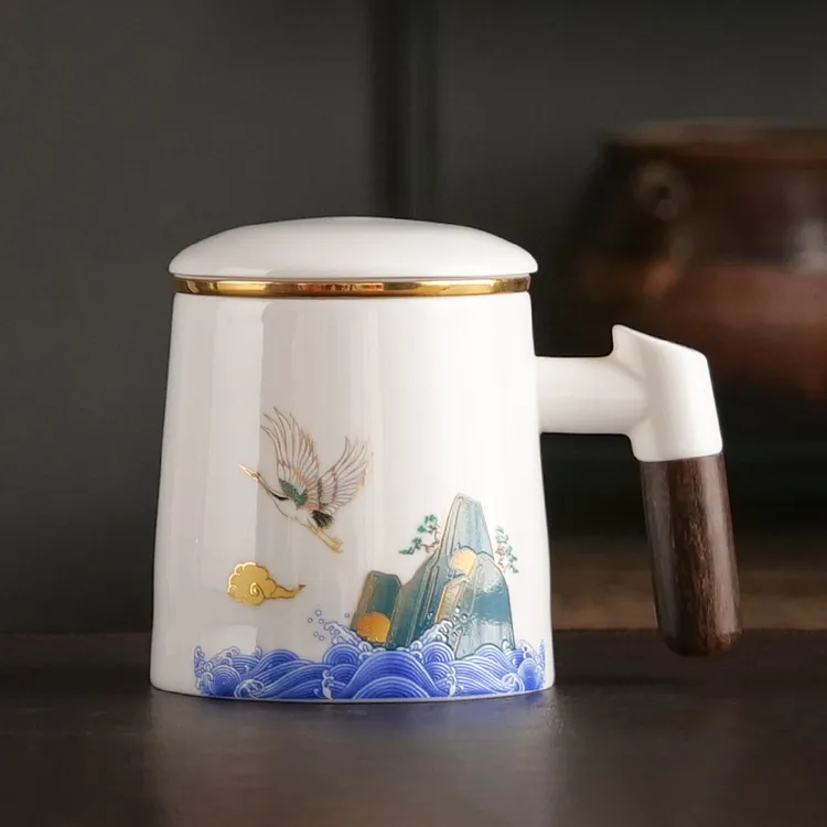 羊脂玉陶瓷茶水分离个人专用泡茶杯子男士办公水杯过滤带盖茶道杯
