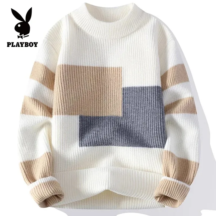 花花公子撞色毛衣冬季男士潮牌针织衫宽松高级感慵懒保暖线衣上衣
