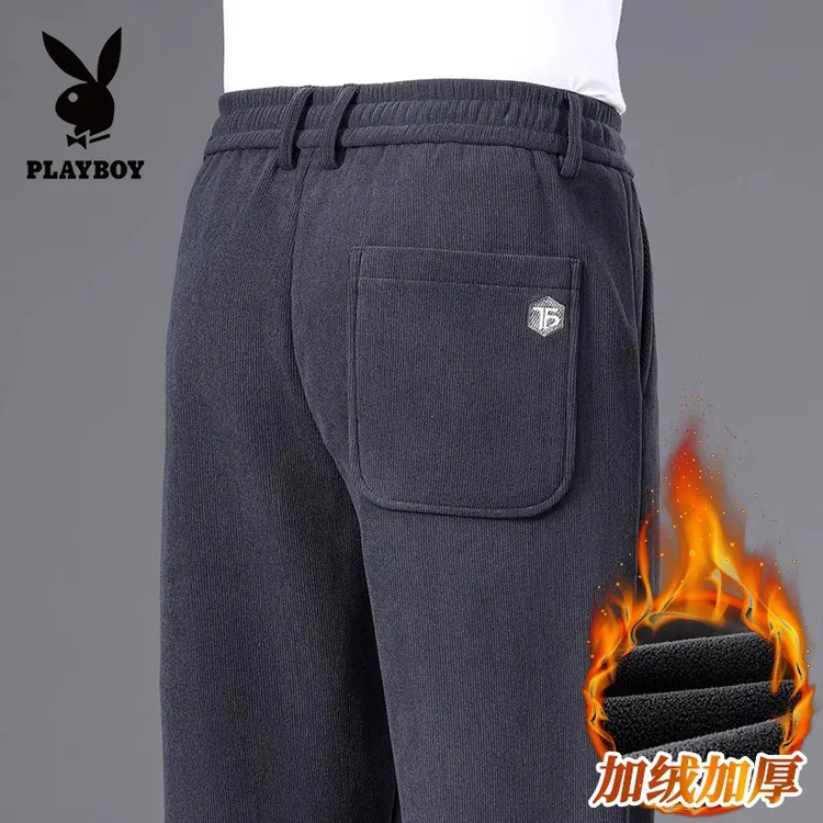 花花公子2025秋冬男士休闲裤宽松直筒冬季中年爸爸加绒加厚裤子男