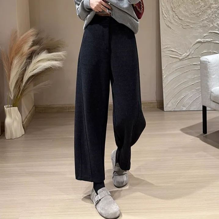 小个子斜裁加绒毛呢气球裤女2024冬季新款梨型身材高腰显瘦奶奶裤