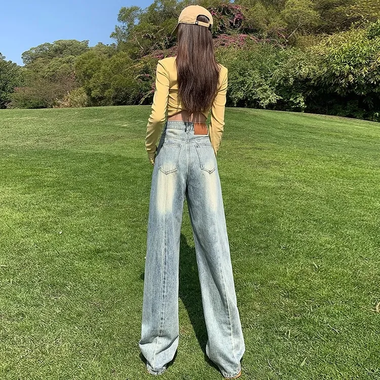 浅蓝窄版阔腿牛仔裤女春秋新款高腰显瘦水洗直筒裤宽松垂感拖地裤