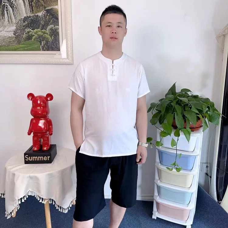 夏季盘扣套头衫爸爸装中老年男士棉绸套装人造棉圆领舒适透气吸汗