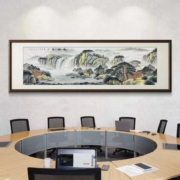 《福地雅居》纯手绘横幅八尺对开客厅会议室山水挂画作品文玩探宝