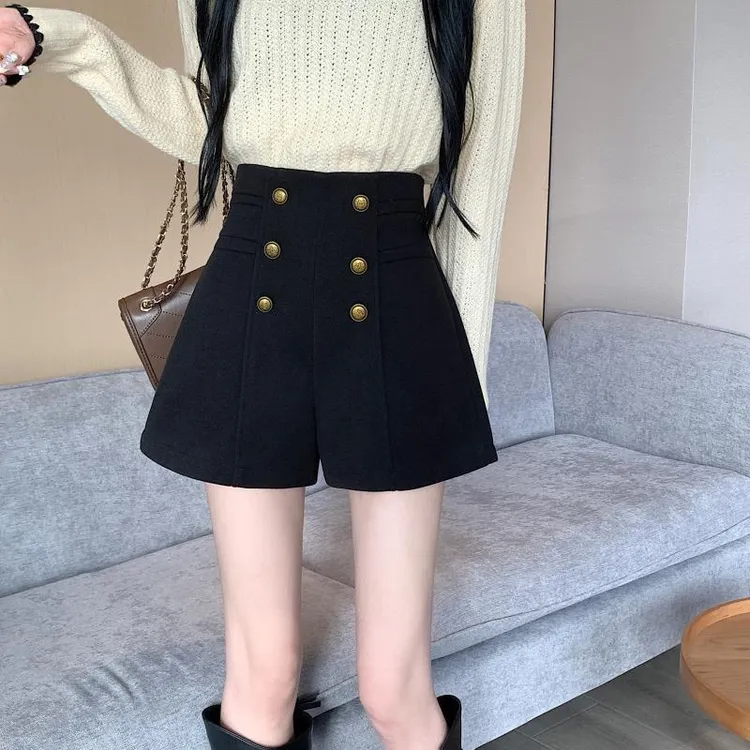 高腰毛呢短裤秋冬2024新款女装咖啡色靴裤休闲欧货百搭A字阔腿裤