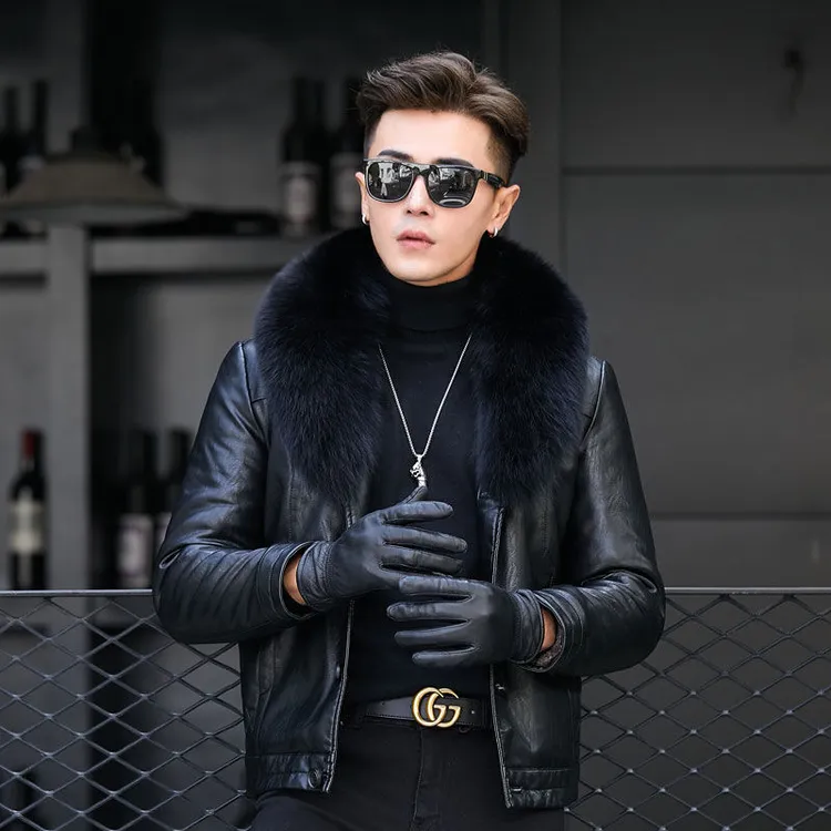  海宁真皮皮衣男皮毛一体男短款可拆卸狐狸毛领修身羊皮夹克外套