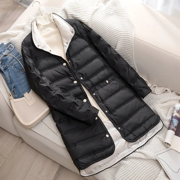 轻薄羽绒服女中长款立领压胶2025年新款时尚洋气白鸭绒保暖外套潮