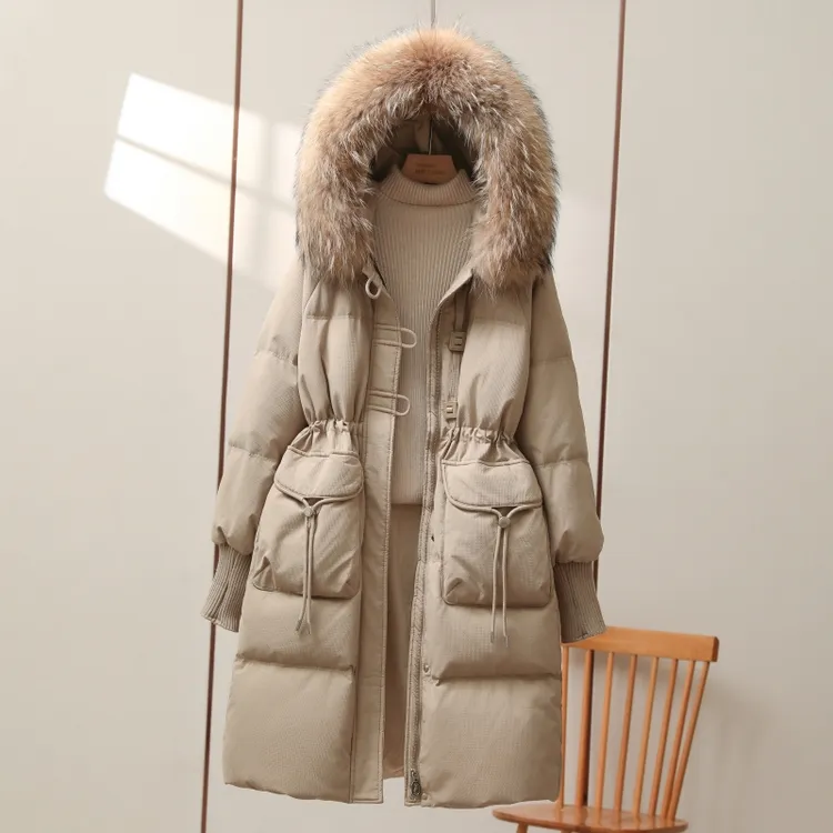 真貉子毛领白鹅绒羽绒服女中长款2025冬新款加厚百搭韩版过膝外套