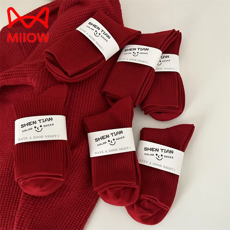 MiiOW安可拉红暗红色袜子女中筒蛇年酒红婚礼情侣新年大红色红