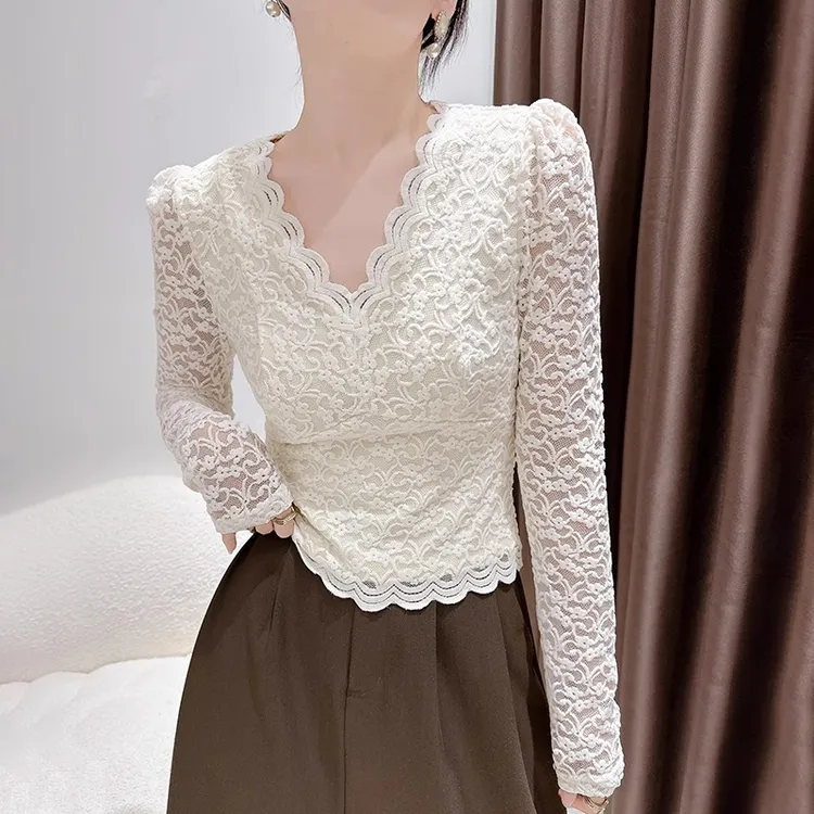 蕾丝v领打底衫女爆款2025秋冬新款内搭保暖加绒加厚长袖修身上衣