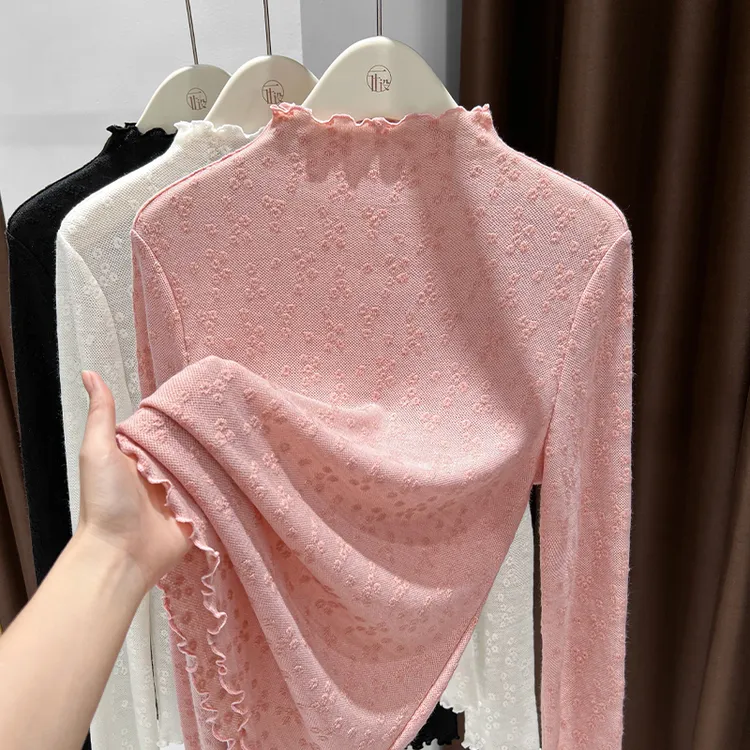 爆款高领洋气长袖内搭上衣女2025春季薄款小衫木耳边显瘦蕾丝打底