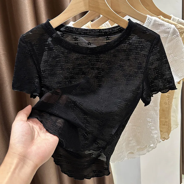 黑色蕾丝短袖t恤女夏季薄款透视内搭打底衫短款弧形下摆显瘦上衣