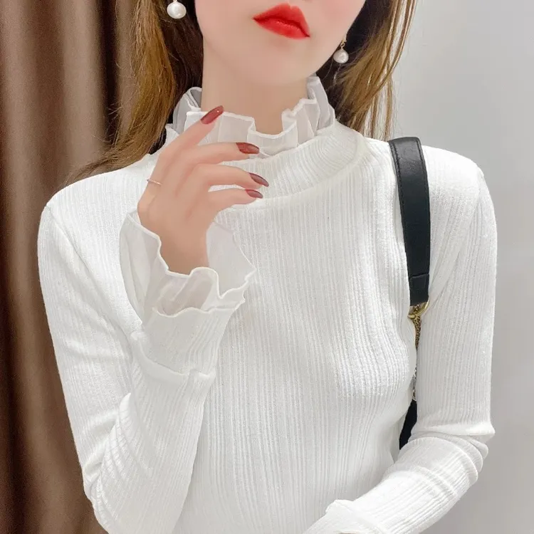 高领蕾丝打底衫女款爆款2025新款内搭秋冬加绒加厚荷叶边袖口上衣
