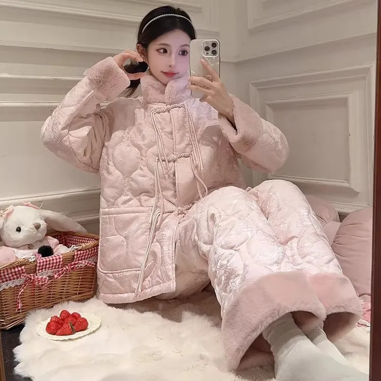 三层夹棉珊瑚绒睡衣女款冬季加绒加厚2025新款甜美外穿家居服套装