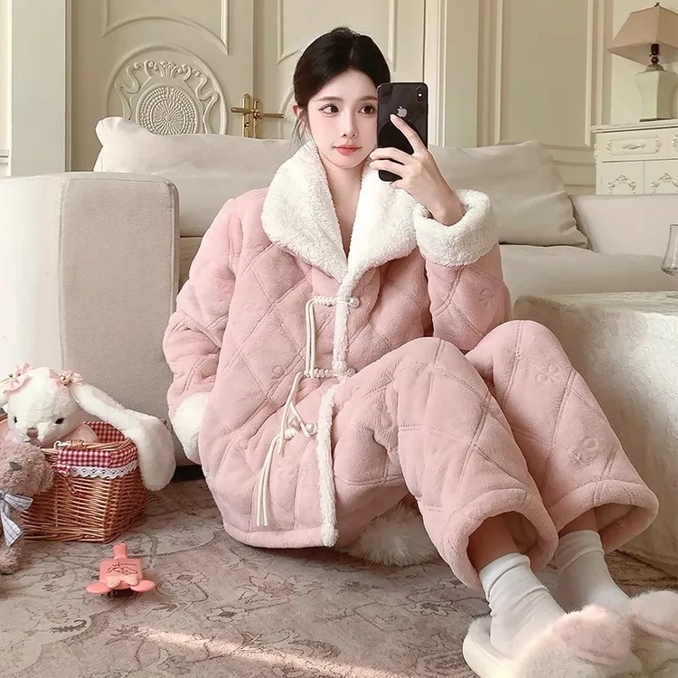 三层夹棉珊瑚绒睡衣秋冬款女加绒加厚粉色高级感甜美可外穿家居服