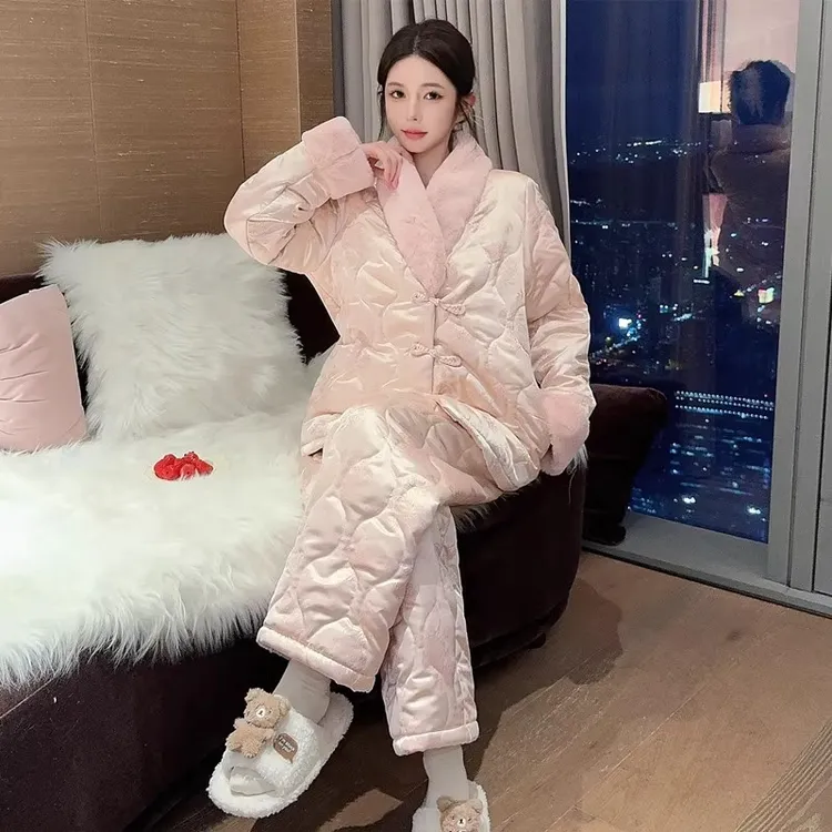 新中式珊瑚绒睡衣女冬季三层夹棉2025新款复古国风毛领加厚家居服