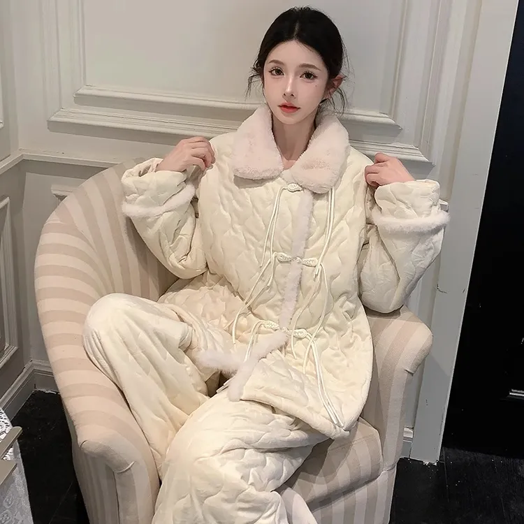 三层夹棉珊瑚绒睡衣秋冬款女2025新款新中式中国风加厚保暖家居服