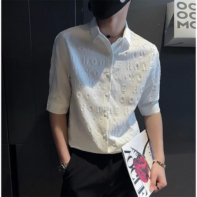 2024感衬衫男短袖潮牌冰丝七分袖男装夏季衣服休闲痞帅半袖衬衣潮